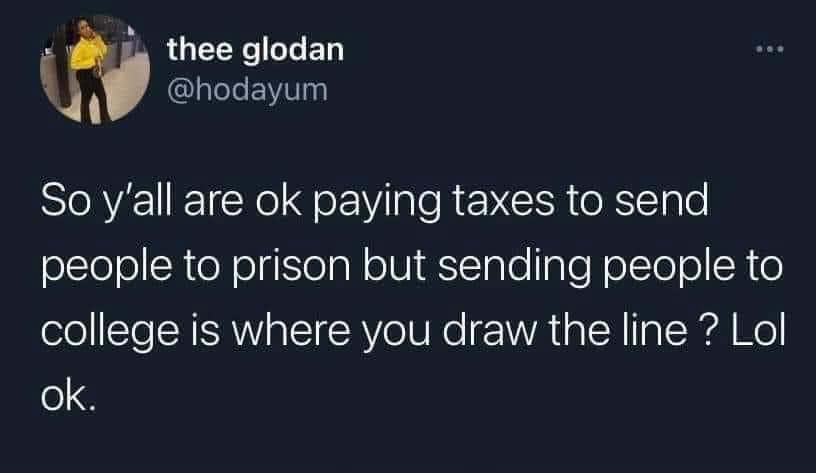 The meme is a humorous take on the common phrase "don't make me come down there." It shows a drawing of a person being dragged down a staircase by their feet, with the caption "Don't make me come down there" written above it. The text below the image reads "In jail, we don't have stairs" and "You'll be paying taxes in prison, but sending people to college is where you draw the line".